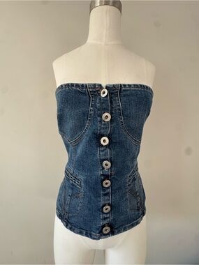 D&G Vintage Blue denim strapless corset top with button detail